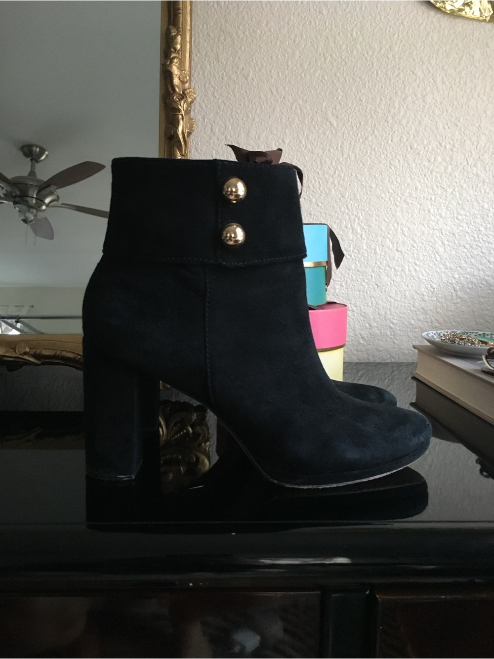 Kate Spade. Black Suede Block Heel Ankle Boots with Gold Buttons